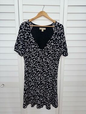 Michael Kors Black Midi Dress with White Floral Spot Print